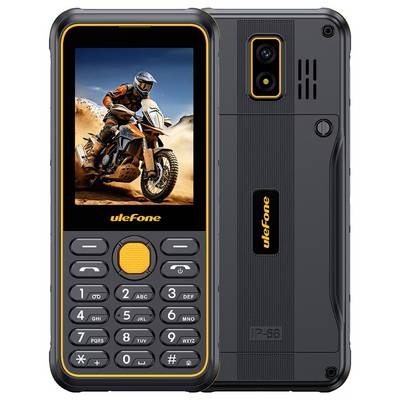 Front and back view of a rugged Ulefone feature phone with keypad and motorcycle image on the screen, shown in black and orange.