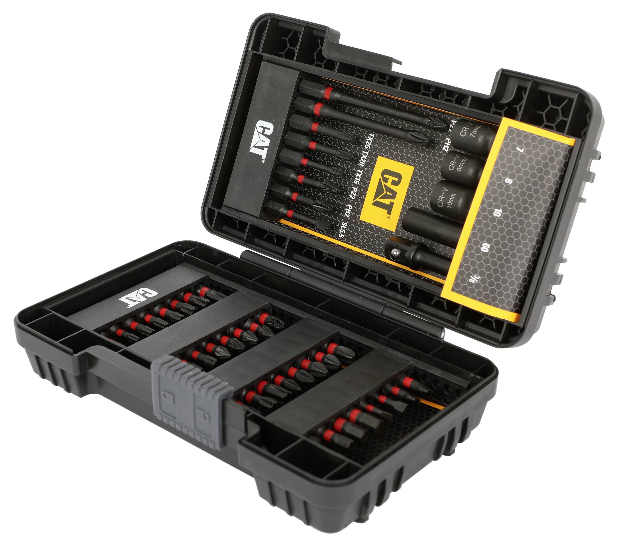 Open CAT socket wrench set in a black plastic case with multiple ratcheting wrenches and sockets arranged in foam slots.