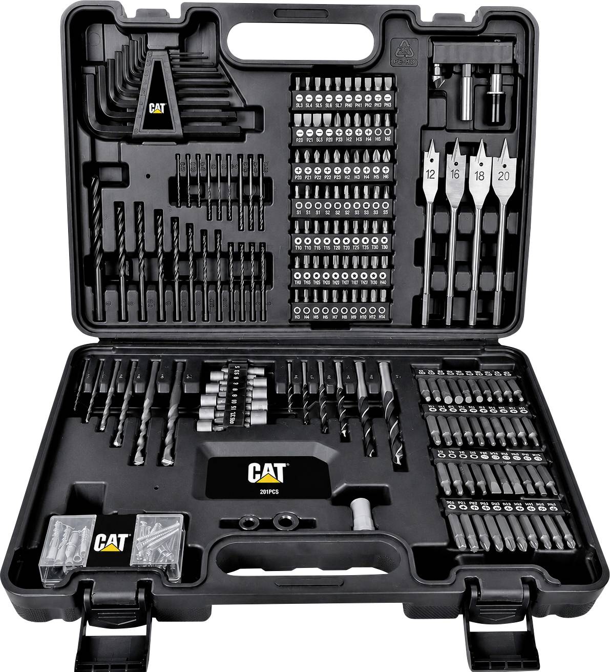 Open black CAT 211-piece drill and screwdriver bit set in a carrying case, with assorted bits, sockets, and spade bits organized in molded compartments.