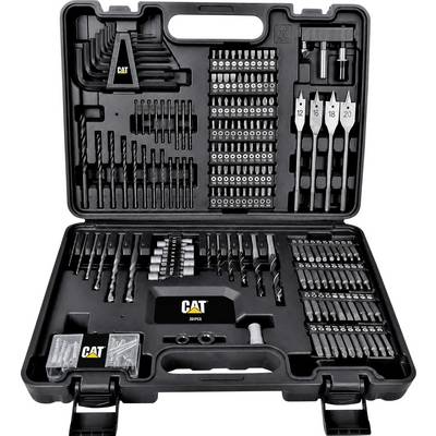 Open black CAT 211-piece drill and screwdriver bit set in a carrying case, with assorted bits, sockets, and spade bits organized in molded compartments.