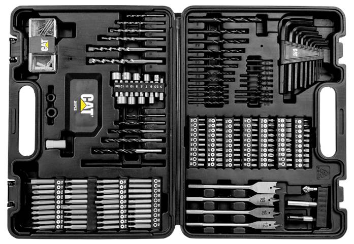 Open CAT mechanics tool kit in a black case with drill bits, screwdrivers, hex keys, sockets, and hand tools organized in two halves.