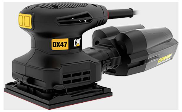 Black CAT DX47 cordless orbital sander with dust collection attachment, shown in side view on a white background.