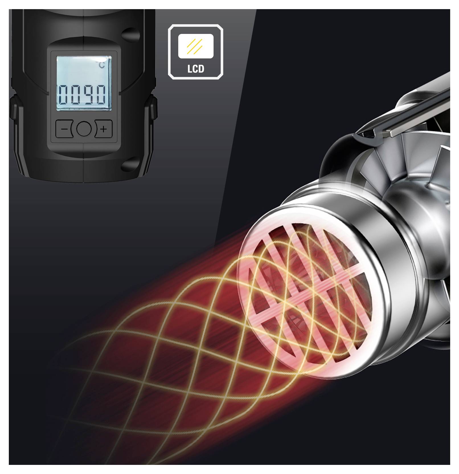 LCD digital control panel and a metallic device emitting red heating/laser beams, with an 'LCD' label icon.<br>