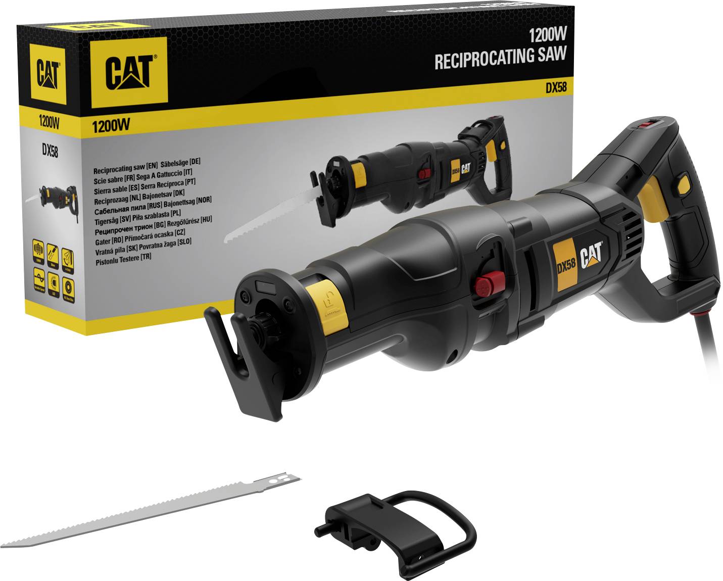 CAT 1200W reciprocating saw shown with box, blade, and handle accessory.