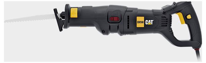 Electric reciprocating saw with black and yellow CAT branding, side handle, and long blade shown on a light gray background.