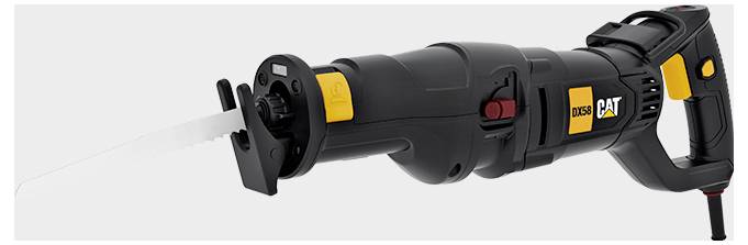CAT electric reciprocating saw with black and yellow body, shown in profile on a white background with the blade extending left.