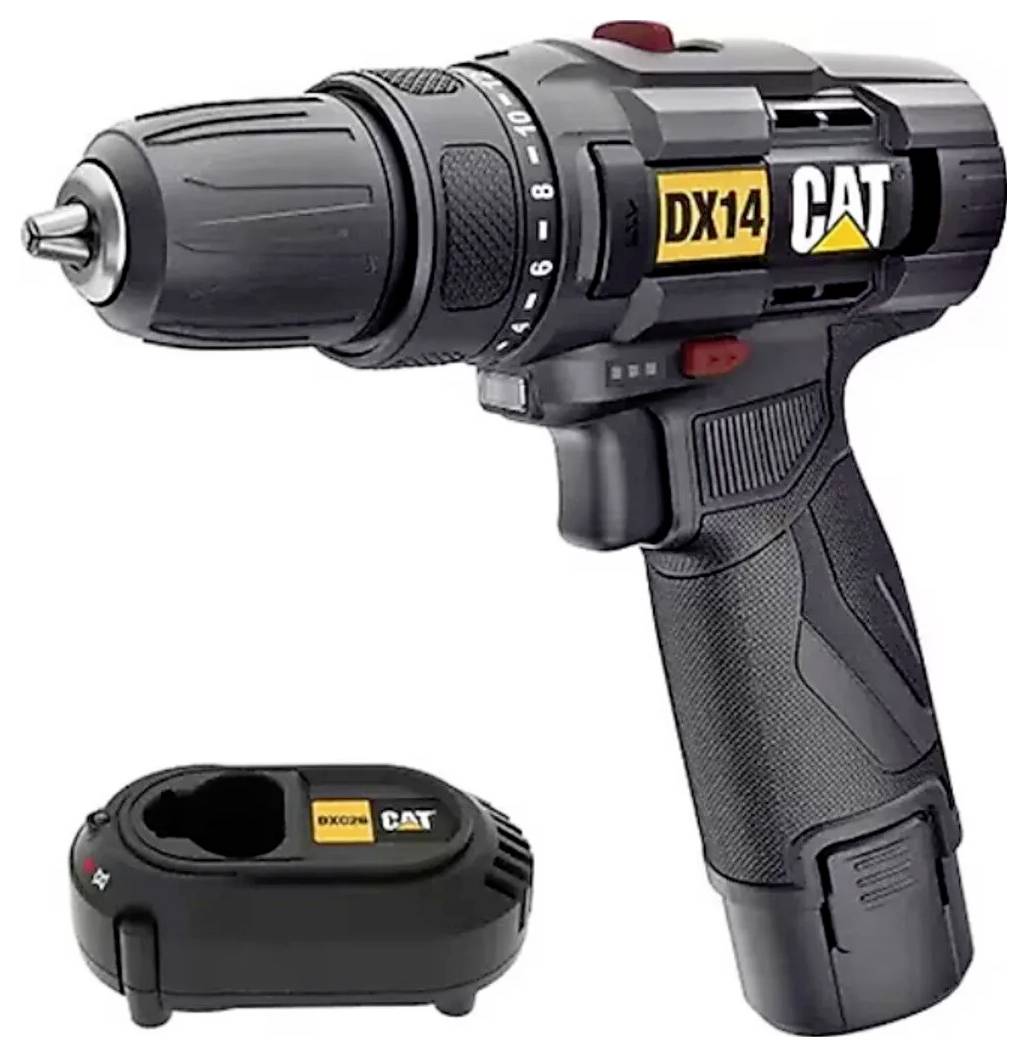 Black CAT DX14 cordless drill with battery charger, shown with the drill and charging base on a white background.