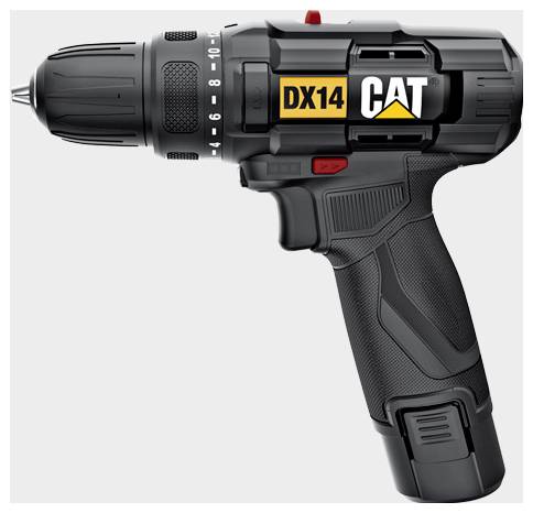 Black CAT DX14 cordless drill/driver shown in side view on a light background.