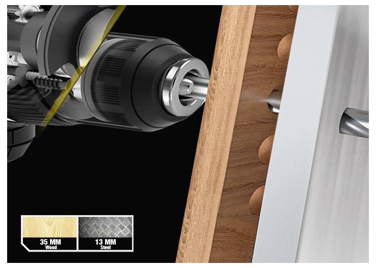 Drill bit shown cutting through wood and steel, with a label indicating 35 mm wood and 13 mm steel capacity.