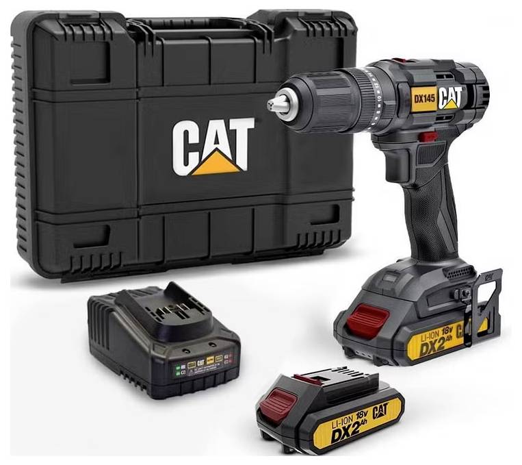 CAT cordless drill kit with hard case, battery, charger, and 18V lithium-ion battery pack on a white background.