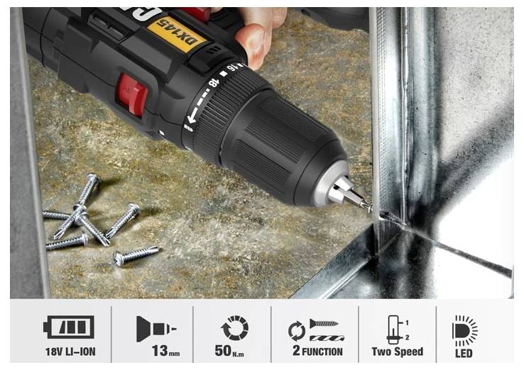 Cordless DeWalt drill driving a screw into metal, with extra screws nearby and icons showing 18V Li-ion, 13 mm, 50 Nm, 2 functions, two speeds, and LED.