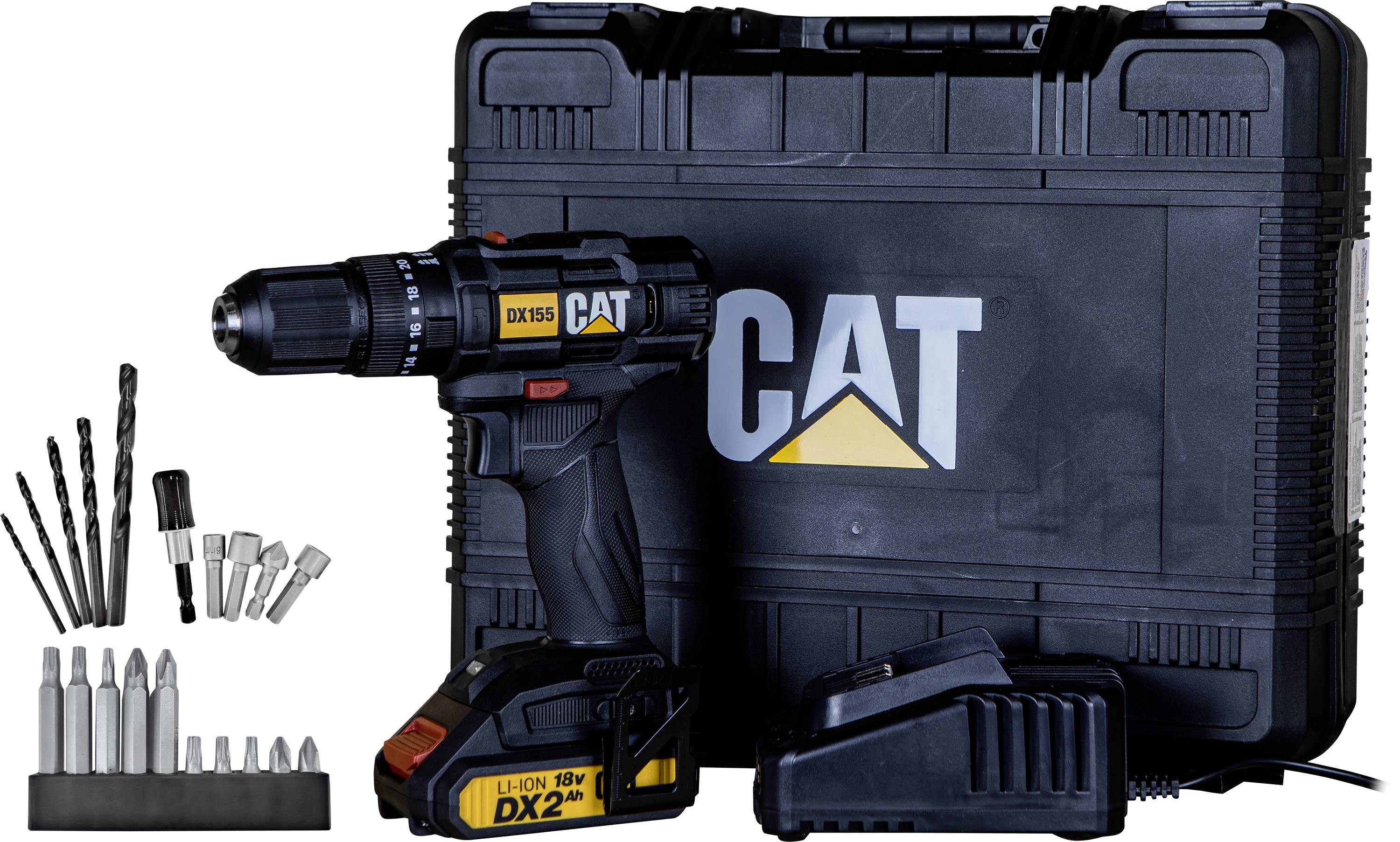 CAT cordless drill kit with battery, charger, carrying case, drill bits, and sockets arranged on a white background.