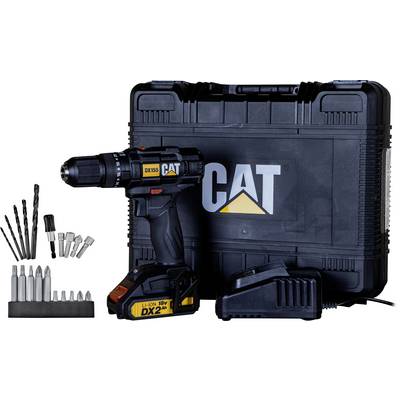 CAT cordless drill kit with battery, charger, carrying case, drill bits, and sockets arranged on a white background.