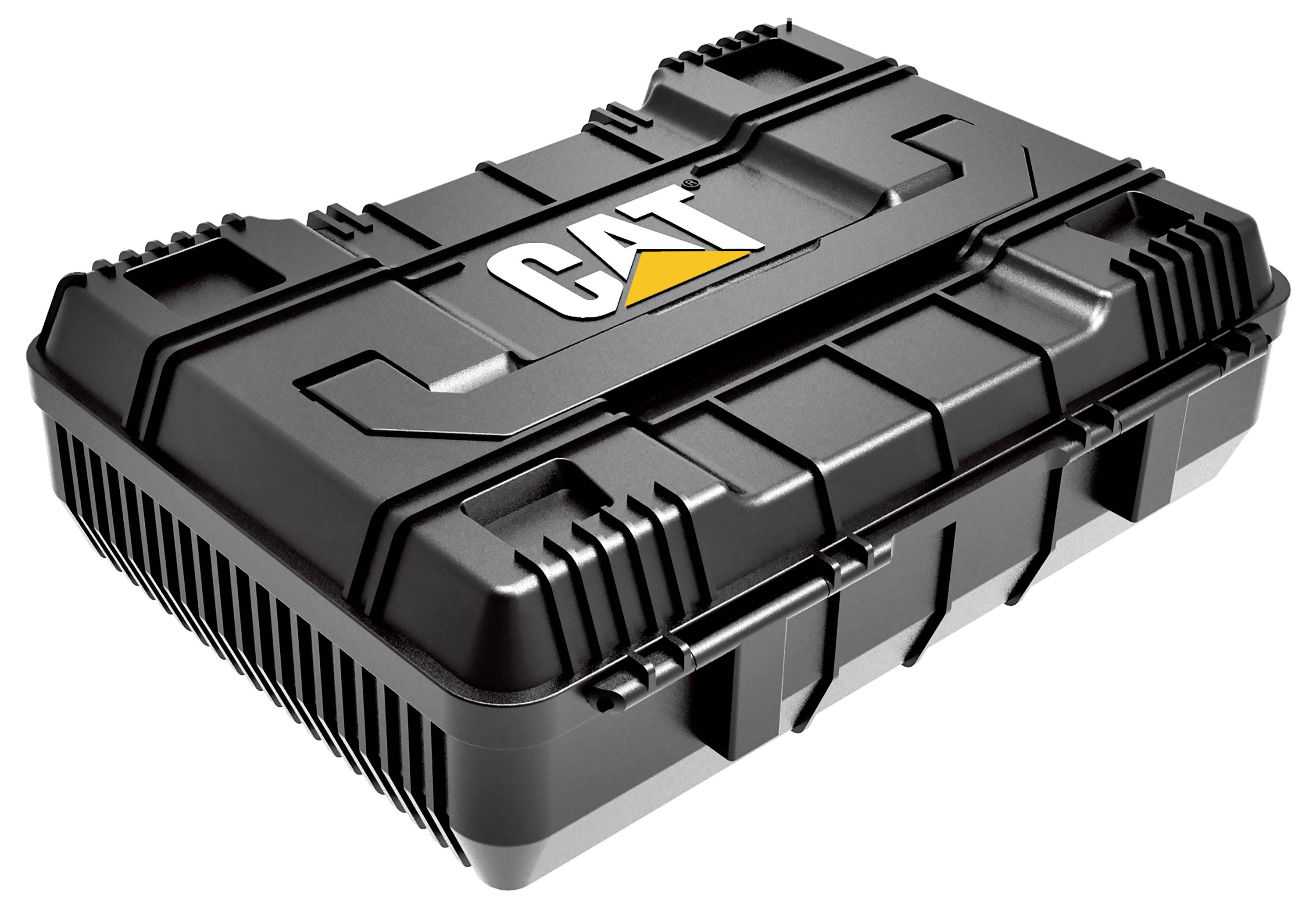 Black hard plastic CAT storage case with latches and molded handles on a white background.