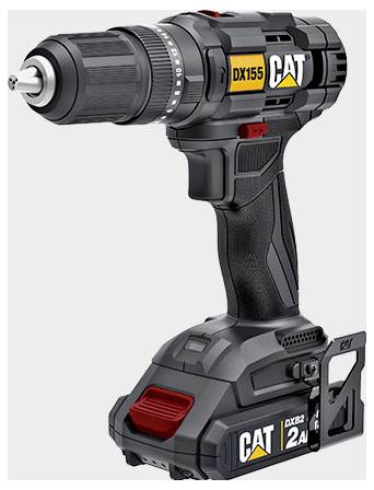 Black CAT cordless drill with battery pack, labeled 'DX155' and 'DXB2 2A', shown on a white background.