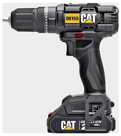 Black CAT cordless drill with battery pack, labeled 'DX155' and 'Li-ion 18v', shown in side view on a white background.
