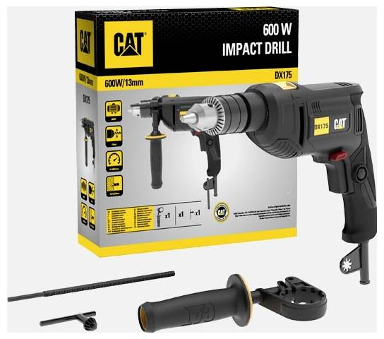 CAT 600 W impact drill kit shown with box, side handle, depth stop, and drill chuck accessories.