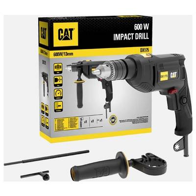 CAT 600 W impact drill kit shown with box, side handle, depth stop, and drill chuck accessories.