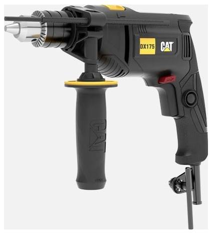 Black CAT DX175 corded drill with auxiliary handle and side depth stop, shown on a plain white background.
