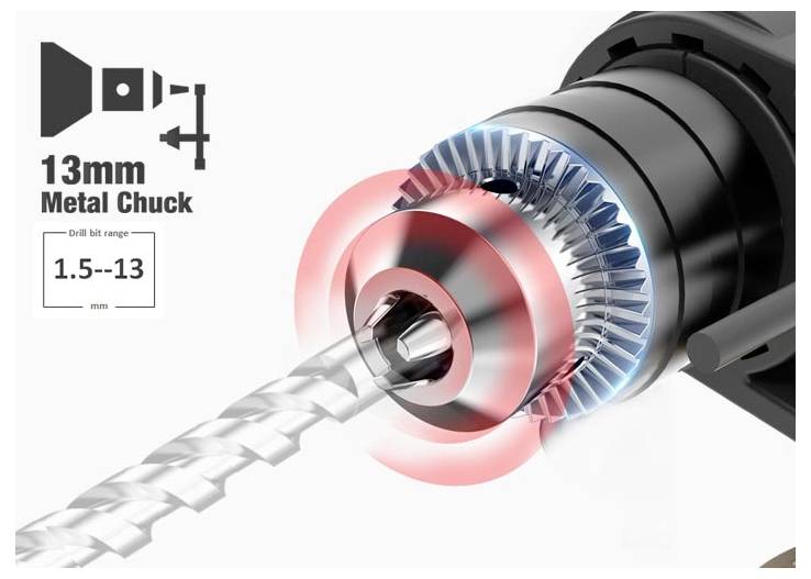 Illustration of a drill with a 13mm metal chuck, showing a drill bit range of 1.5-13 mm and the chuck gripping a drill bit.