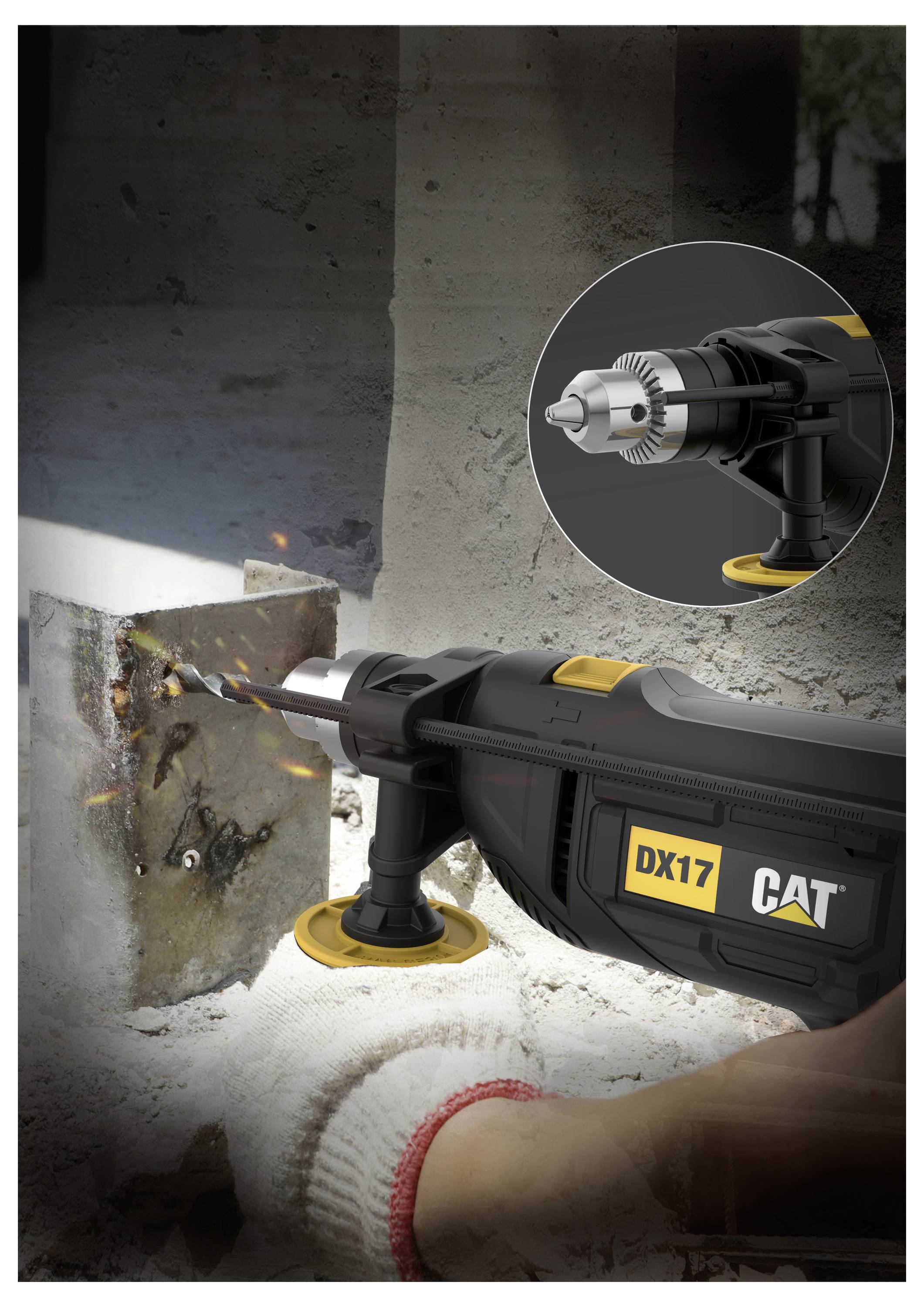 A CAT DX17 drill with a hammer bit drilling into concrete, with sparks flying and a close-up inset showing the chuck and bit detail.