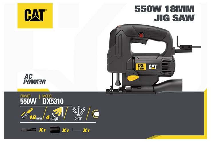 CAT 550W 18mm jig saw, model DX5310, shown with AC power and key specs: 4-stage pendulum, 0-45° bevel, and included accessories.