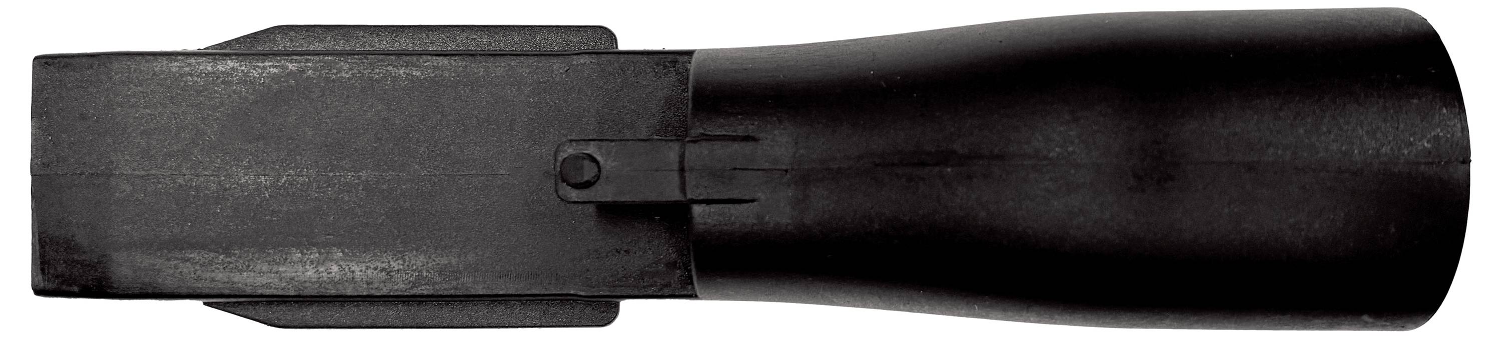 Black flashlight side view with rectangular head and large cylindrical handle on a white background