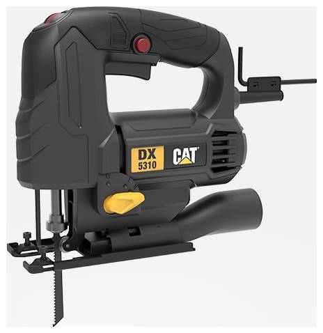 Black and yellow CAT DX 5310 electric jigsaw with blade, side handle, and power cord on a white background.