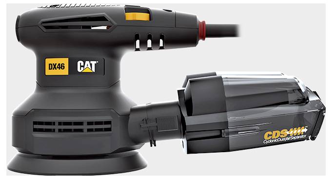 CAT DX46 Cyclonic Dust Separator attachment shown connected to a power tool, with a black and transparent dust-collection canister.