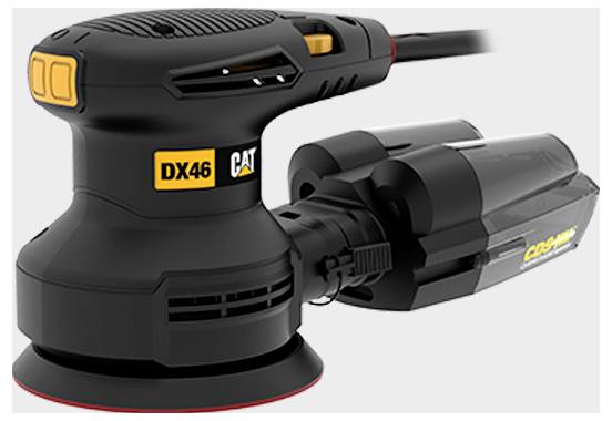 Black Cat DX46 power sander with attached dust collector, shown in product-style side view on a white background.