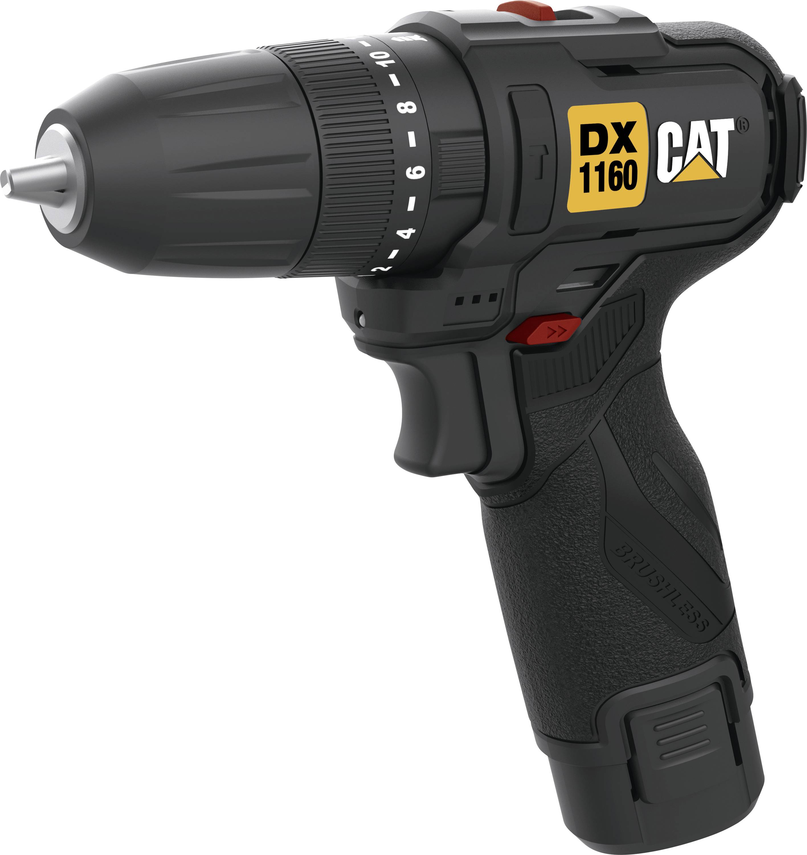 Black cordless drill with battery handle, labeled 'DX CAT 1160', shown in side view on a white background.