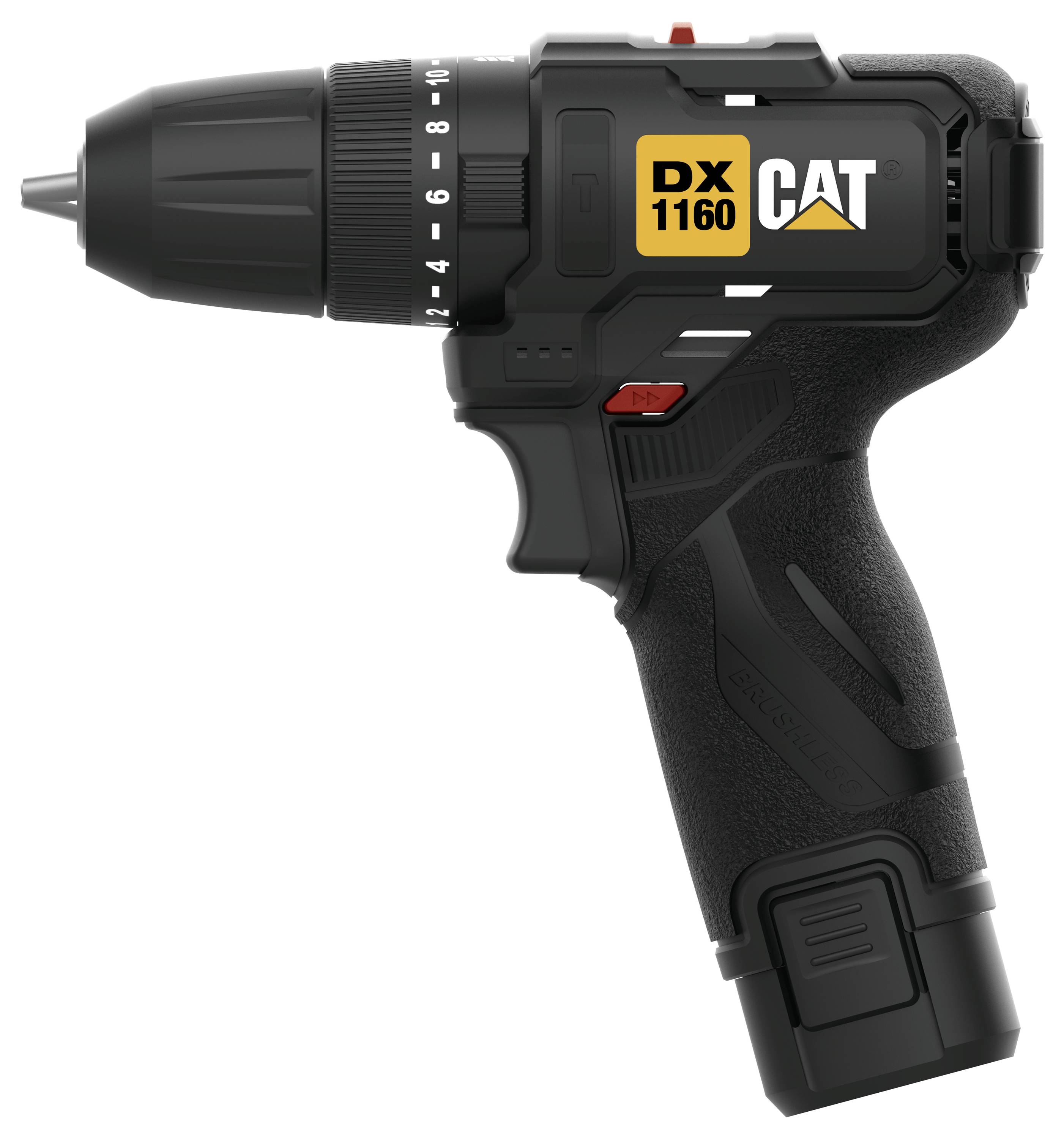 Black cordless drill driver with CAT DX1160 branding and torque settings visible on the body.<br>