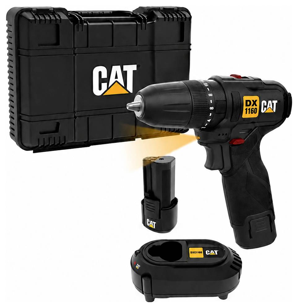 CAT cordless drill kit with carrying case, battery, and charger on a white background