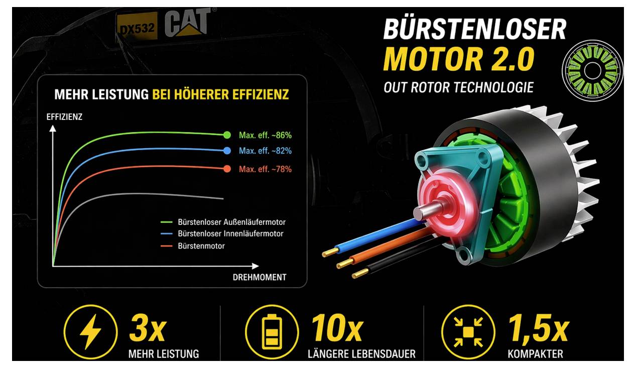 CAT promotional graphic for 'Bürstenloser Motor 2.0' showing efficiency vs torque graph, motor cutaway, and claims: 3x more power, 10x longer life, 1.5x more compact.