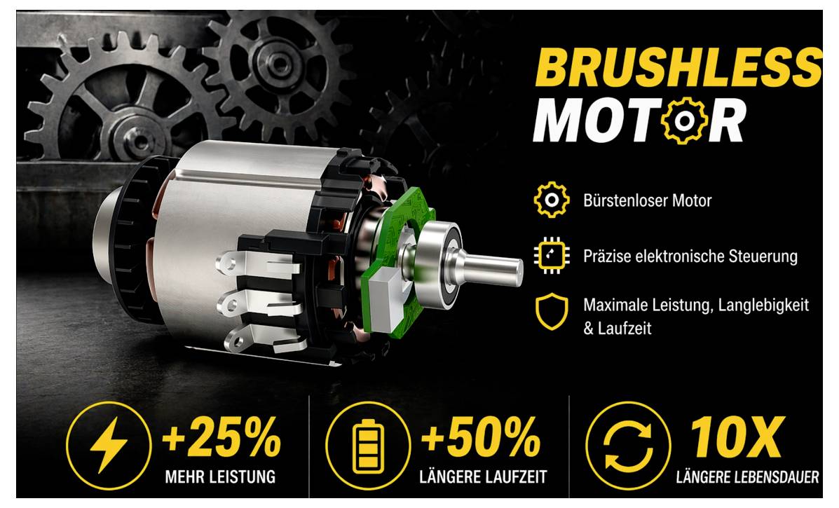 Brushless motor advertisement showing a motor cutaway, gears, and German claims: 'Bürstenloser Motor', 'Präzise elektronische Steuerung', plus +25% power, +50% runtime, 10x longer lifespan.