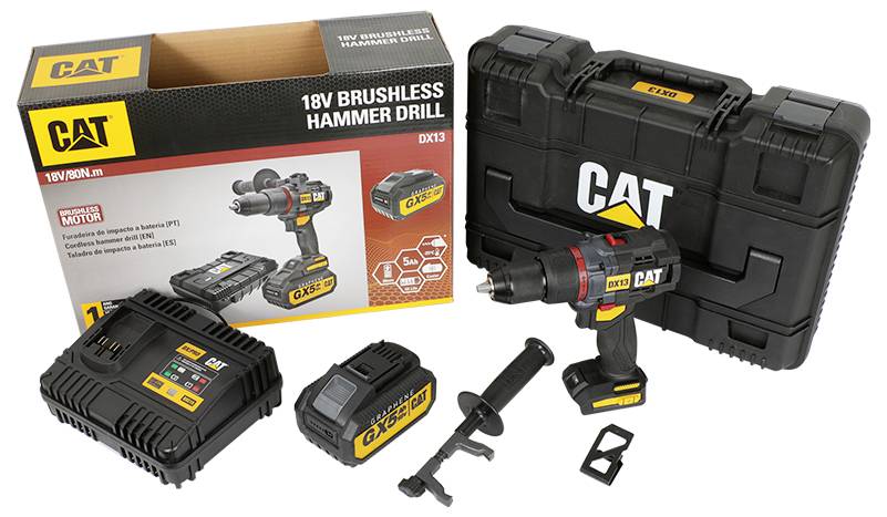 CAT 18V brushless hammer drill kit with carrying case, battery, charger, side handle, and accessories displayed beside product box.<br>