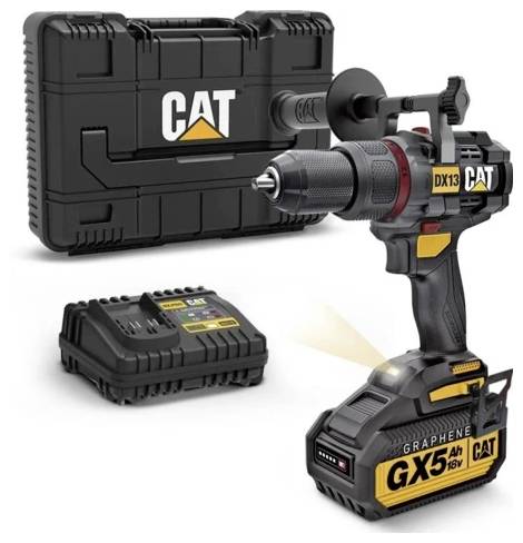 CAT cordless drill kit with battery charger and carrying case, labeled DX13 and GX5 18V graphene battery.