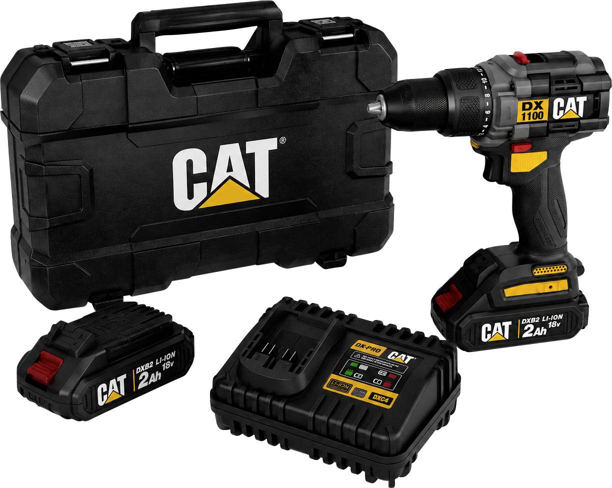 CAT cordless drill kit with carrying case, 18V drill, two batteries, and charger on a white background.