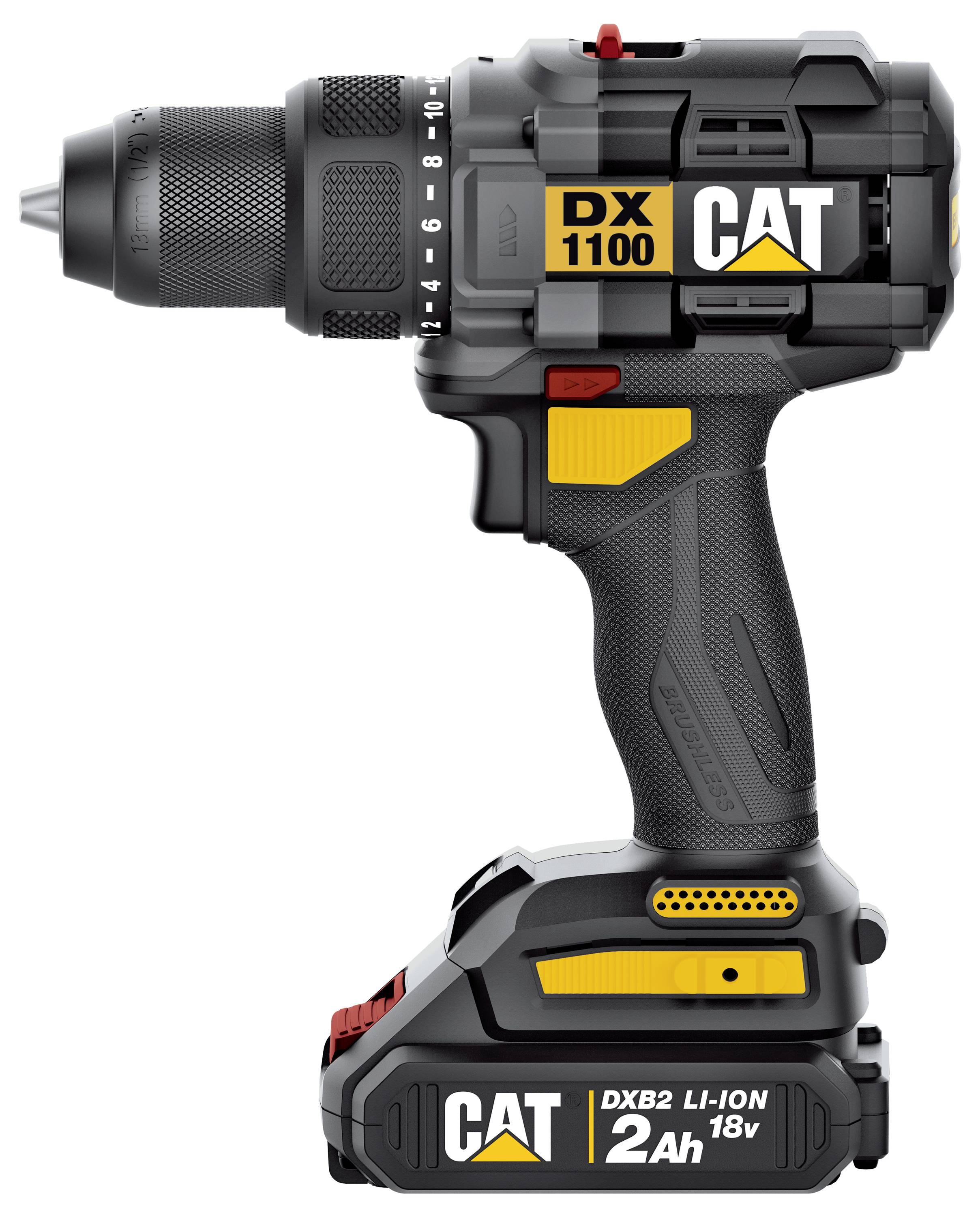 Black-and-yellow CAT cordless drill with battery pack, labeled 'DX 1100' and 'DXB2 LI-ION 2 Ah 18v', shown in side view.