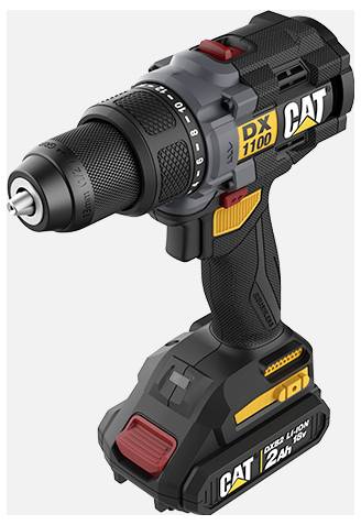 Black CAT DX 1100 cordless drill/driver with battery pack, shown in side view on a white background.