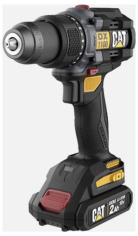 CAT DX1100 cordless drill/driver with black and yellow body, visible 'CAT' branding, 18V 2Ah battery, and front chuck in side view.<br>