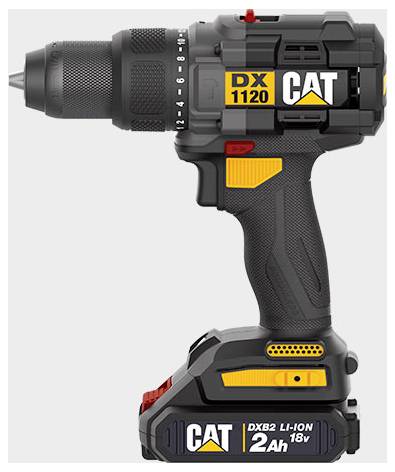 Black CAT cordless drill with 18V Li-ion 2Ah battery and 'DX 1120' label, shown in profile on a plain background.