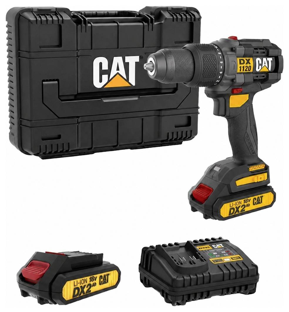 CAT 18V cordless drill kit with carrying case, battery, and charger shown on white background.
