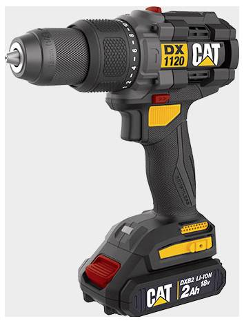 Black CAT cordless drill with chuck, trigger, and 18V 2Ah battery pack, labeled 'DX 1120' and 'CAT'.