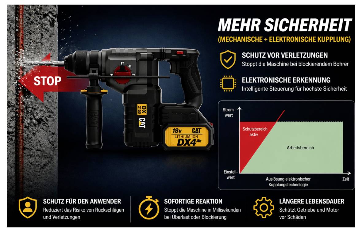Advertisement for a CAT cordless rotary hammer with stop feature and mechanical plus electronic safety, shown with a safety chart and German benefit claims.