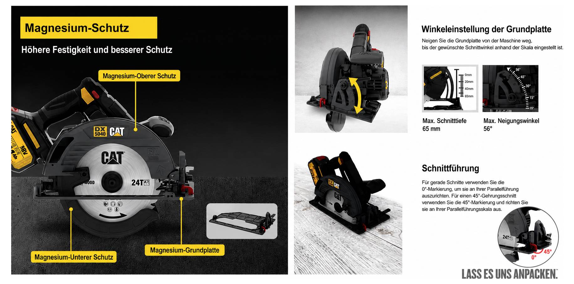 Infographic for a CAT circular saw showing 'Magnesium-Schutz' for higher strength and better protection, with labeled upper and lower guards and adjustable base plate angle, cutting depth, and tilt angle.
