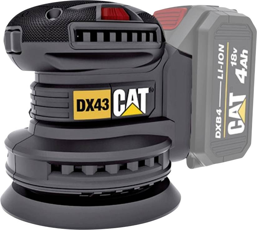 CAT DX43 cordless orbital sander with 18V 4Ah Li-ion battery pack, shown on a white background.<br>