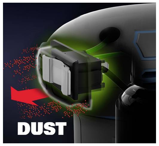 Close-up of a vacuum cleaner brush head with a red arrow and the word 'DUST,' showing dust particles being sucked in.