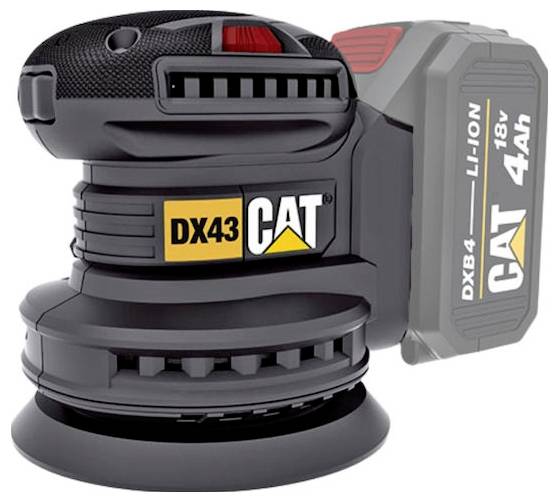 CAT DX43 cordless orbital sander with 18V 4Ah lithium-ion battery attached, shown in product view on white background.