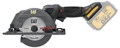 Black CAT cordless circular saw with 24-tooth blade and 18V lithium battery pack, shown side view on white background.
